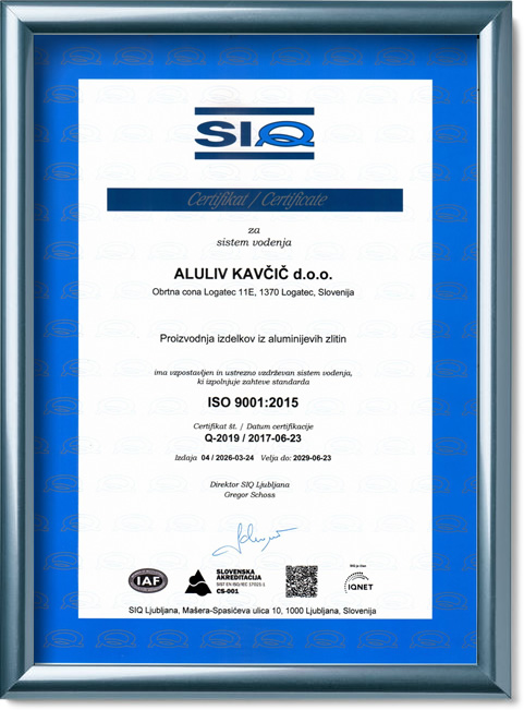Aluliv Kavčič certifikat ISO 9001:2015